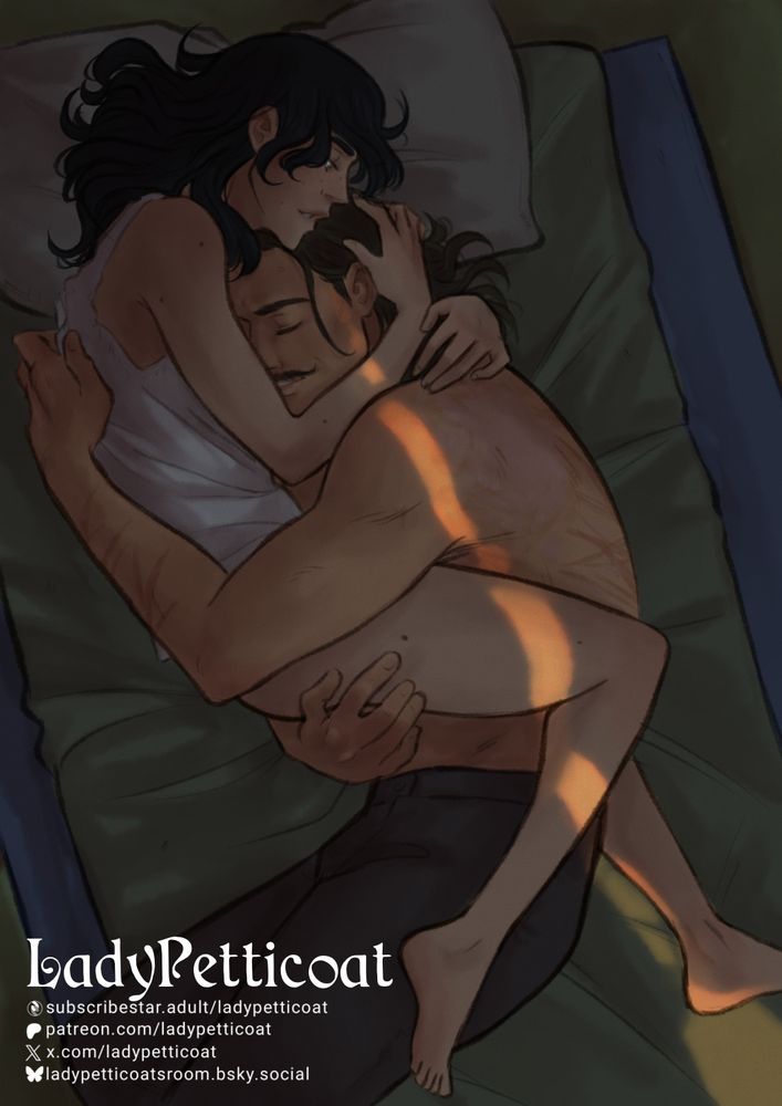 Brian is tired from working all day, and Joey hugs him tenderly, making him feel safe in her arms. Brian has a relaxed expression, while Joey, still awake, makes sure he gets a good rest.