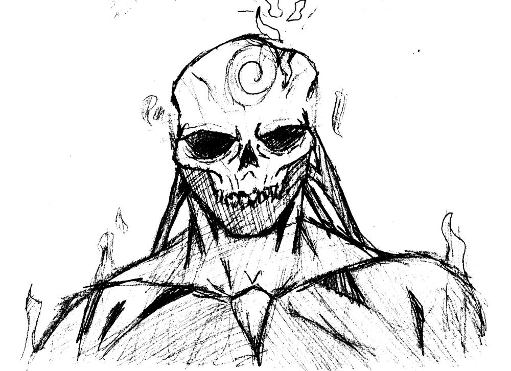 Uma arte do monstro Carniçal preto de morte. Um aberração musculosa com uma caveira em seu crânio, em sua testa tem uma espiral.