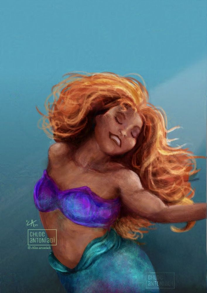 A digital painting of Halle Bailey as Ariel from Disney's live-action "The Little Mermaid" film.