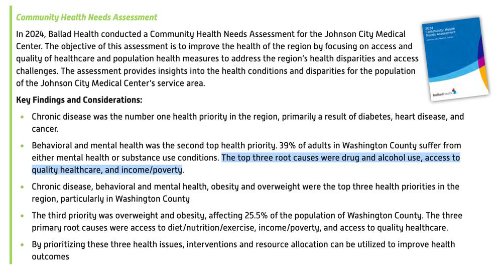 A section from the 2024 Ballad Health Community Health Needs Assessment for the Johnson City Medical Center. It explains the objective of improving regional health by addressing disparities and access challenges. Key findings list chronic disease, behavioral and mental health, and obesity as the top health priorities. The report notes that 39% of Washington County adults have mental health or substance use conditions, with top root causes being drug and alcohol use, lack of access to quality healthcare, and poverty. 
