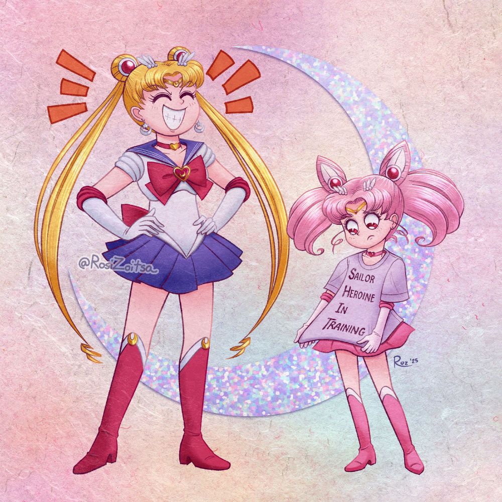 Illustration of Sailor Moon and Sailor Chibi Moon. Moon cackles as Chibi Moon looks down perplexedly at her oversized tee shirt, which reads “Sailor Heroine In Training” (which spells out a certain four-letter when made into an acronym.) Behind them is a large holographic crescent moon.