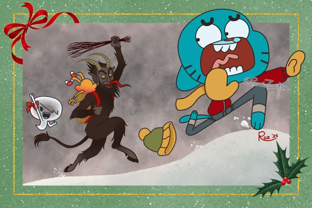 Illustration of Krampus chasing after Gumball Watterson in a snowy field. Carrie Krueger cheers Krampus on, and Tobias Wilson can be seen stuffed headfirst into his basket.