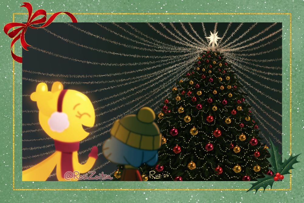 Illustration of Penny Fitzgerald and Gumball Watterson admiring the giant Christmas tree, topped with a brilliant six-pointed star and a canopy of tinsel garlands, in the town square.