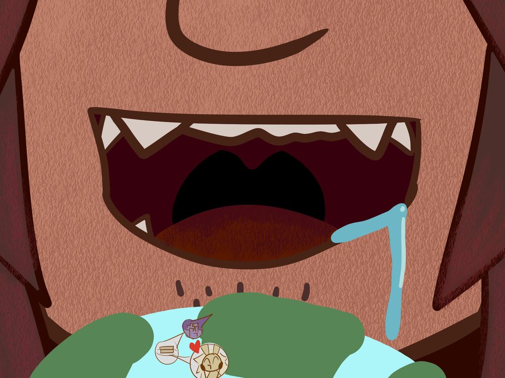 finally, Raidyn opens his mouth as more drool runs down his chin. his massive, spiky hair takes up the sides of the frame and only the lower half of his face is visible. his enormous jaw is ready to bite down into the earth, which is at the bottom of the frame. there are small bubbles in which we can see zoomed-in frames of the city, which zooms in to the slice of cake, which zooms in to rinan holding her hands to her cheeks in awe and admiration of Raidyn.