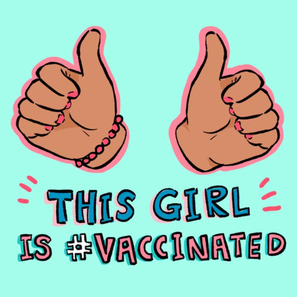 a poster that says " this girl is # vaccinated " with two thumbs up