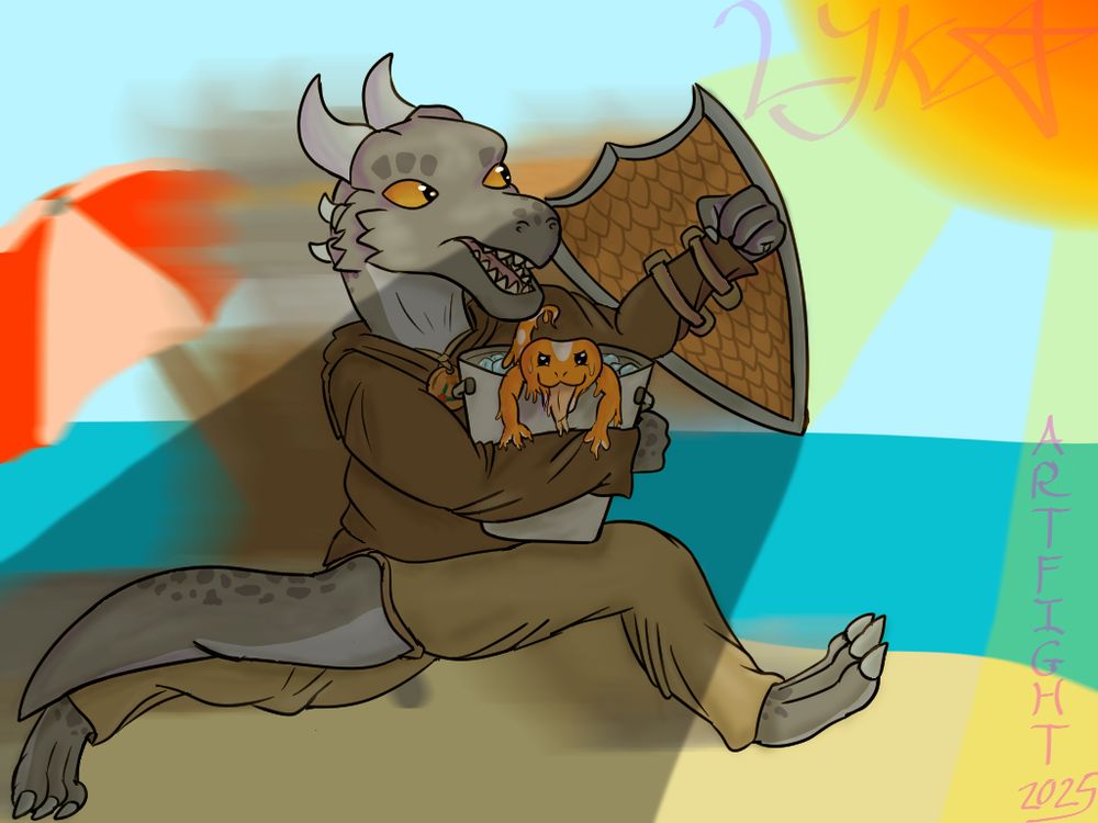 Techo, a grey kobold cleric in brown robes & trousers sprinting as fast as he can across the beach, shield up to provide some shade for Creamsicle, an ice cream salamander in a bucket of ice trying not to melt