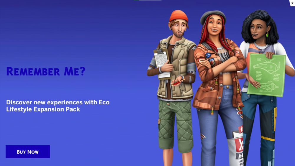 Sims 4 flash screen showing 3 Sims from the Eco Lifestyle Expansion pack.