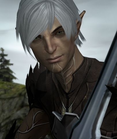 Image showing a screenshot of video game character Fenris from Dragon Age 2. He is a tan elf, with white arcane-looking tattoos covering the exposed skin of his neck and arm. His hair is a stark white and his fringe swoops down over his right eye. He is holding a sword tilted towards the camera and is looking straight at the observer with a small smile. 