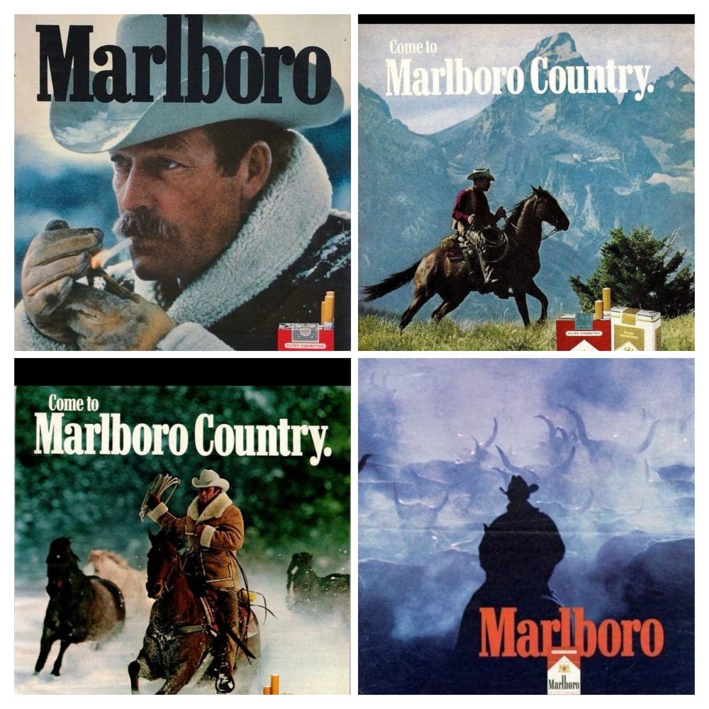 Come to Marlboro Country.
vintage idiot, cigarette ads of a cowboy alone riding on a horse in the Rockies or wev.