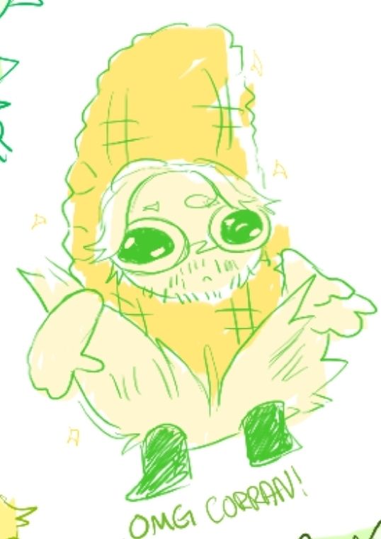 magma sketch of the Star Wars EU character Corran Horn in a corn costume with the text saying "OMG CORRAN!"