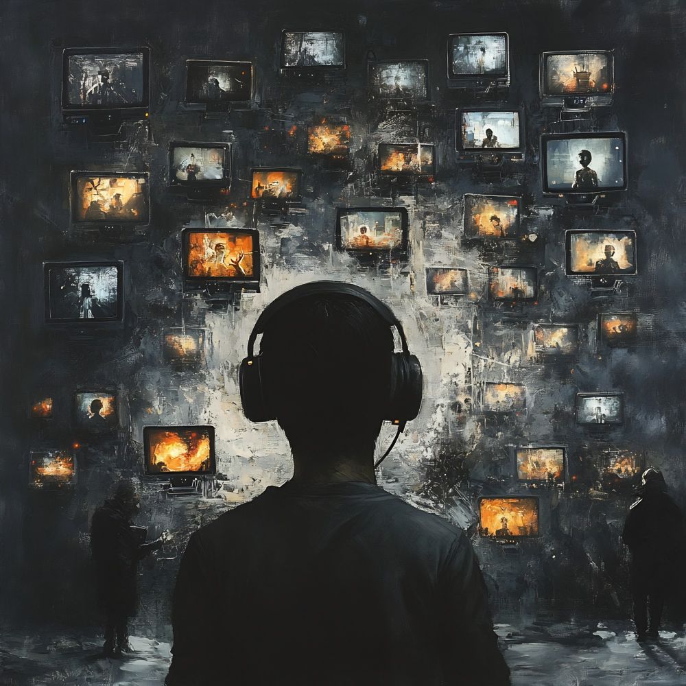 A child with headphones watches many screen depicting dark and firey images