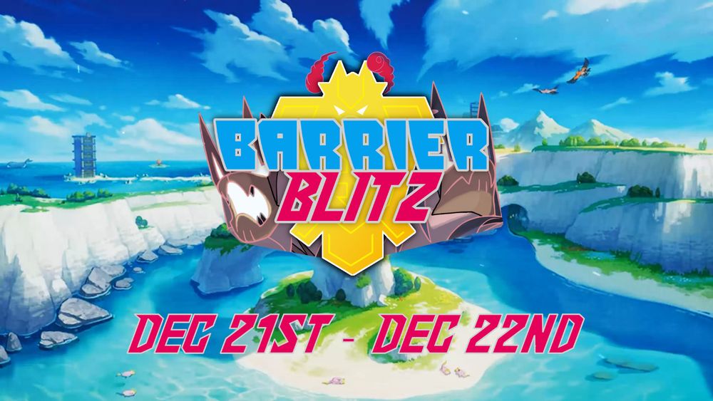 Pokemon Sword and Shield Barrier Blitz logo, event dates December 21st and 22nd