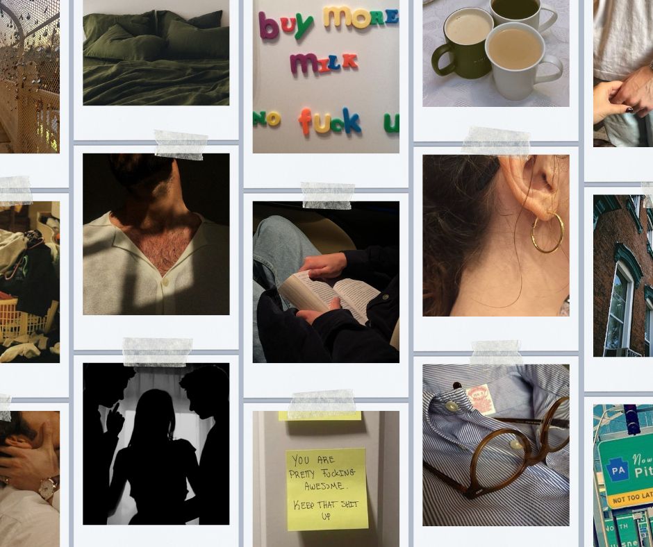 collage of images including 2 men and a woman in shadows.