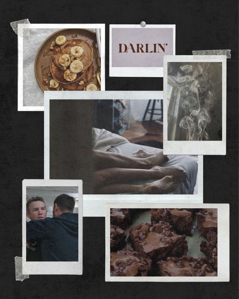 image collage of banana pancakes, the word "darlin'", whisps of smoke, two sets of legs entwined on a bed, two men embracing, and a plate of brownies