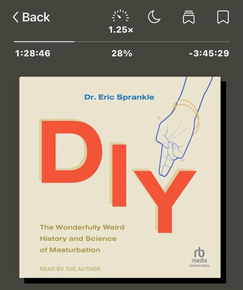 audiobook cover of the book DIY: The Wonderfully Weird History and Science of Masturbation by Dr Eric Sprankle. The title is bright orange with a drawing of a hand with middle and fourth finger pointed out and the other fingers folded on.