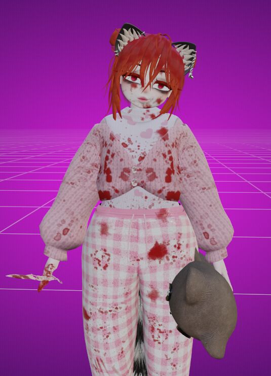 Chibi character wearing pajamas and a crop top cardigan. Holding a knife in right hand and a plush bear in left hand. Colored with blood spots with her head tilted with a crazed smile at the camera.