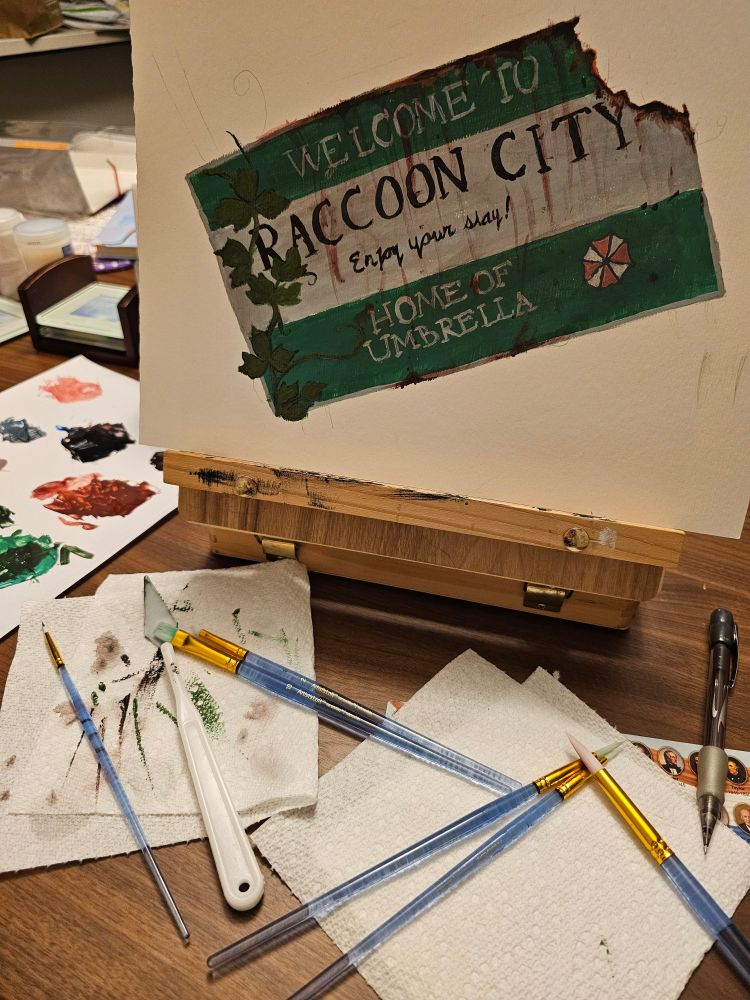Painting of rusty Raccoon City highway sign with a vine of Kudzu going down the side.