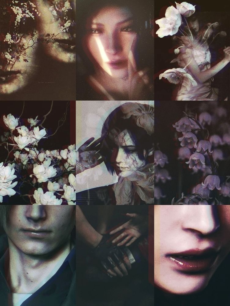 Mood board image of Ada and Leon surrounded by flowers.