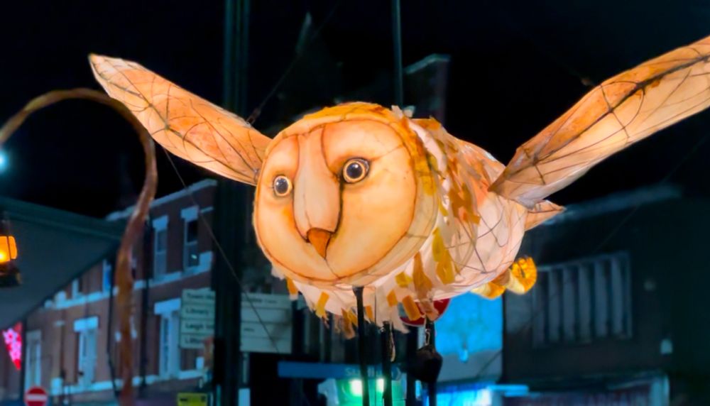 A giant crafted owl lantern