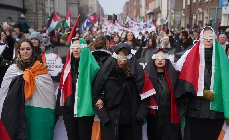 Protesters from the Ireland Palestine Solidarity Campaign march on Dublin's O'Connell Street on Jan. 13. 2025