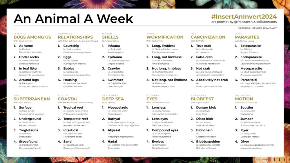 a long list of animal names sorted by weeks and months. they're all invertebrates, covering various groups like crabs, clams, shells, and so on. full alt text in the next reply.