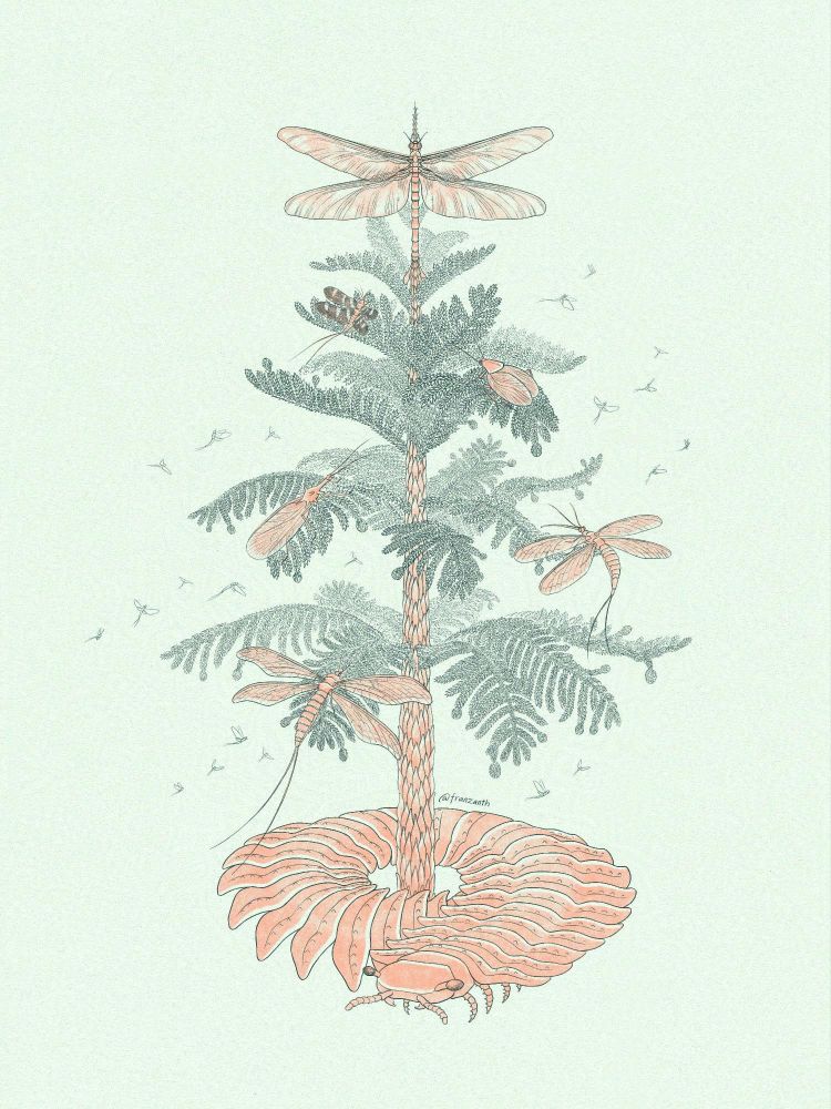 a pine tree with bugs hanging all around it. at the very top is a dragonfly-like meganeura with open wings, circling the base is the giant millipede arthropleura. on the branches sit various insects and circular pine cones.