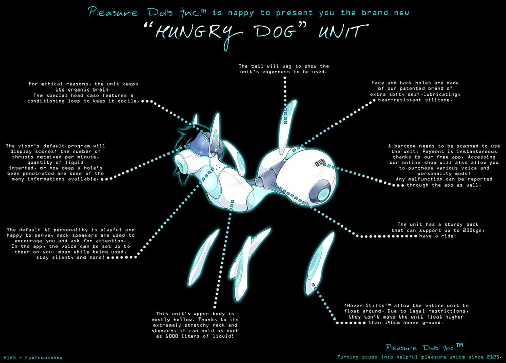 TRANSCRIPT:

Pleasure dolls Inc.™ is happy to present you the brand new “HUNGRY DOG” UNIT.

The tail will wag to show the unit’s eagerness to be used.
Face and back holes are made of our patented brand of extra soft, self-lubricating, tear-resistant silicone.
A barcode needs to be scanned to use the unit. Payment is instantaneous thanks to our free app. Accessing our online shop will also allow you to purchase various voice and personality mods! Any malfunction can be reported through the app as well.
The unit has a sturdy back that can support up to 200kgs, have a ride!
‘Hover Stilts’™ allow the entire unit to float around. Due to legal restrictions, they can’t make the unit float higher than 140cm above ground.
This unit’s upper body is mostly hollow. Thanks to its extremely stretchy neck and stomach, it can hold as much as 1000 liters of liquid!
The default AI personality is playful and happy to serve, neck speakers are used to encourage you and ask for attention. In the app, the voice can be set up to cheer on you, moan while being used, stay silent, and more!
The visor’s default program will display scores: the number of thrusts received per minute, quantity of liquid inserted, or how deep a hole’s been penetrated are some of the many informations available.

For ethical reasons, the unit keeps its organic brain. The special head case features a conditioning loop to keep it docile.

Pleasure Dolls Inc.™, turning scums into helpful pleasure units since 2125. 
