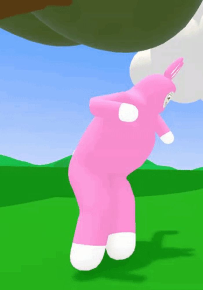 a pink bunny with white feet is standing in a field