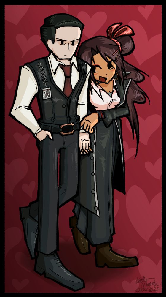Meursault (Limbus Company) and Diaochan (OC of @hunny__pp on Twitter/X) on a walk. Backdrop is a pattern of red hearts over a red background.