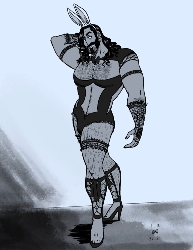 Digital drawing of a muscular man with long, wavy black hair in a skimpy outfit, high heels and bunny ears 🪄✨