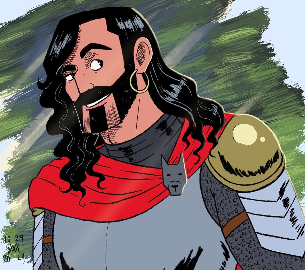 Digital drawing of a knight in armor sans helmet. He has long, wavy black hair and a beard, one gold hoop earring and a red cape secured with a clasp shaped like a dog's head 🪄✨