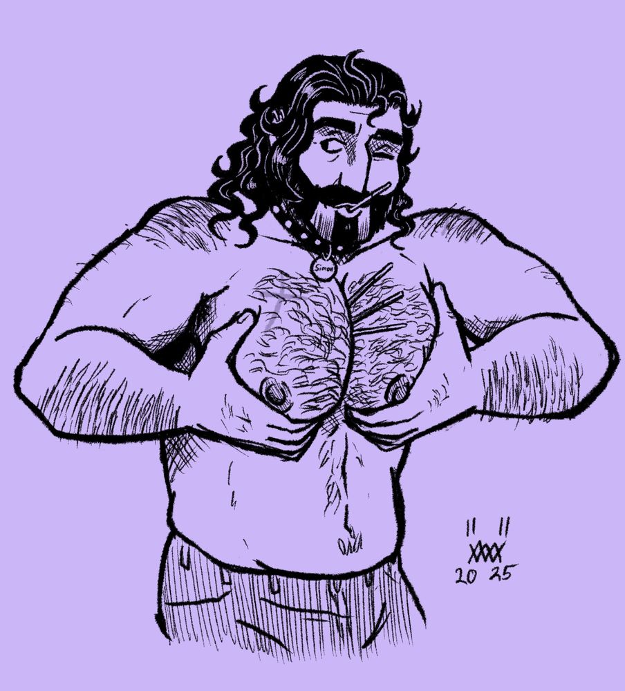 Digital sketch of a muscular shirtless man with long, swept back black hair and a beard. He has a stick of pocky in his mouth and three more poking out from between his pecs, which he is squishing together with his hands. The man wears a studded collar with a name tag, the name on it (largely unreadable) being 'Simon' 🪄✨