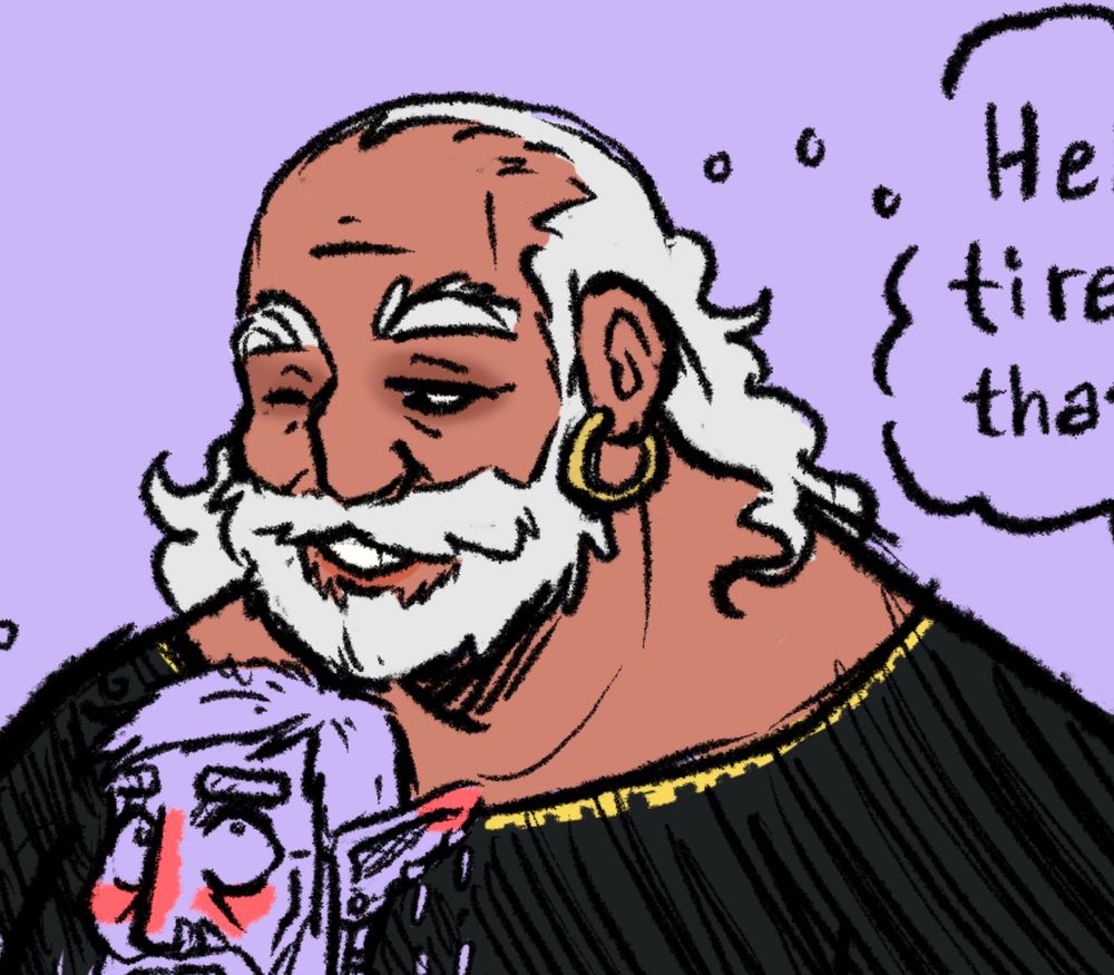 Partially colored digital sketch of a large old man with a loving smile and a hoop earring on his left ear 🪄✨
