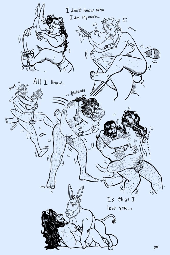 Comic page of a pooka(Cyril) and a tanuki(Sir Simon) making love while shapeshifting. Sir Simon is being held up by Cyril and wrapping his legs around the pooka's waist. Sir Simon suddenly shapeshifts into Cyril's human form, catching the pooka by surprise and knocking him off balance. In his surprise Cyril mirrors Sir Simon's transformation and briefly reclaims his human form. He then shapeshifts into his lover's tall and strong human form as he rocks forward to catch himself and Sir Simon, still in his arms and snickering. Cyril leans back into a thrust and Sir Simon shifts into his human form in response. The two fall over and Cyril has become Sir Simon's tanuki form while Sir Simon has become Cyril's pooka form, on top of Cyril and looking down lovingly 🪄✨