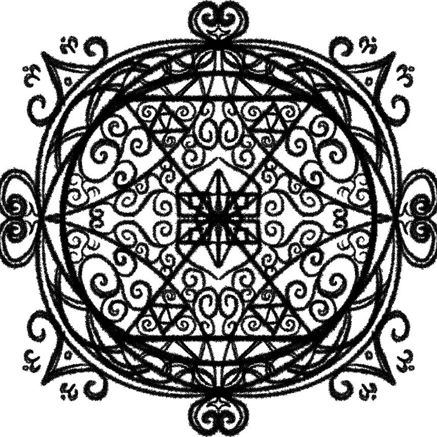 Digital drawing of a busy array or spirals and diamond shapes, with heart shapes and spiraling points sitting on the outermost ring 🪄✨