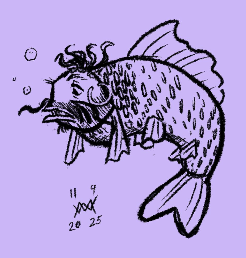 Digital sketch of a man transformed into a fish. A bit of his originally long hair and eyebrows remain and his facial hair has taken a mixed appearance of catfish-like whiskers, dark scales and a few scratchy hairs. His earring remains inexplicably attached to the side of his face 🪄✨