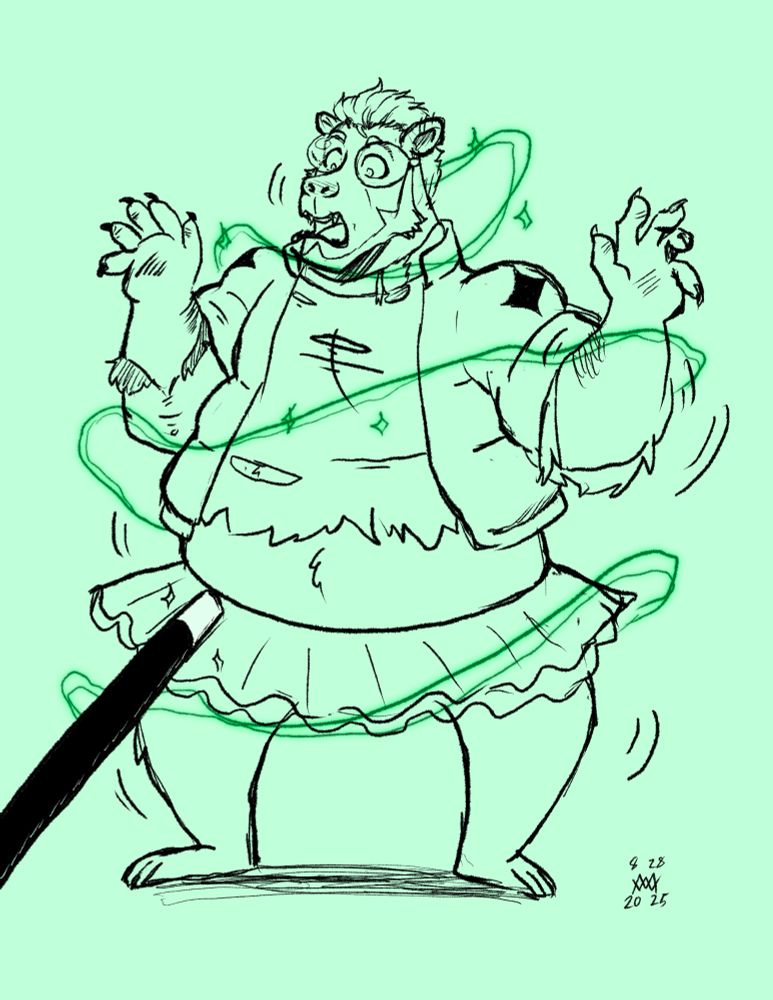 Digital drawing of a person wearing a puffer jacket being turned into a bear with a tutu. Their remaining clothes are tearing apart as their body grows 🪄✨