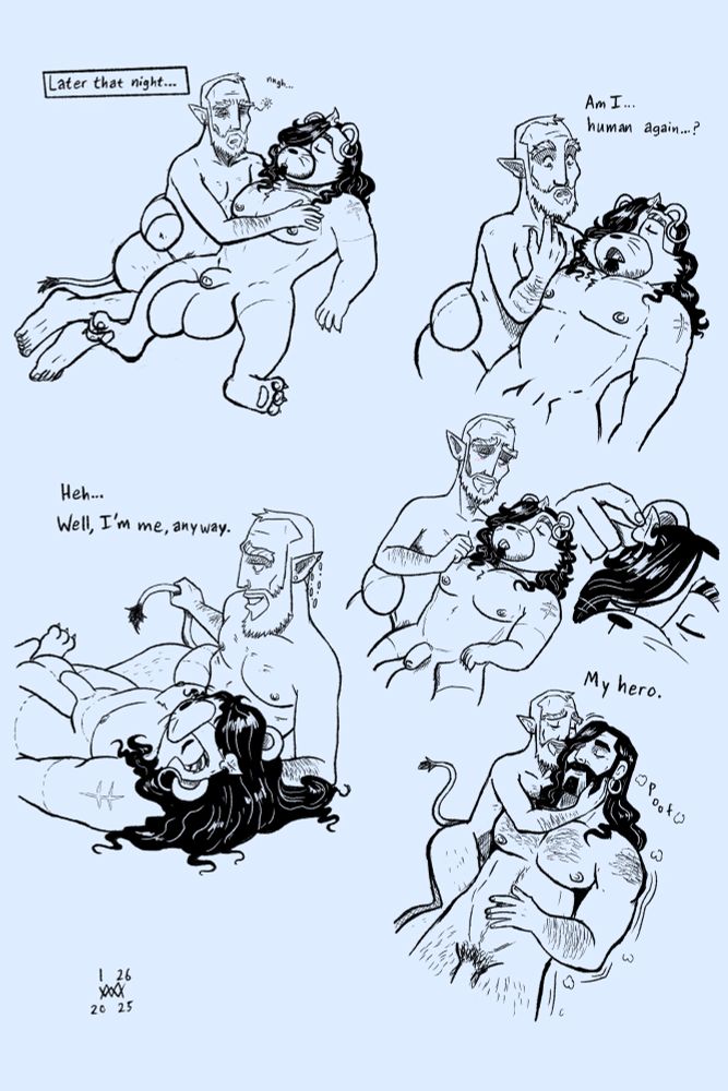 Sometime later the two have fallen asleep next to each other, Sir Simon back in tanuki form and Cyril in a mostly human form but with a donkey-like tail from his pooka form. Cyril wakes up and is surprised, wondering if he's become human again. He sees that he still has a tail and is satisfied with just being himself. He smiles down at his sleeping lover and removes the tanuki leaf from his head, and the knight becomes human again. Cyril caresses his face and softly says "My hero."