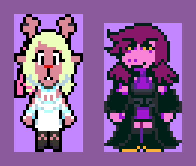 edited sprites of noelle holiday and susie from deltarune, they are edited to be wearing the outfits of ryne and gaia from the shadowbringers expansion of final fantasy xiv