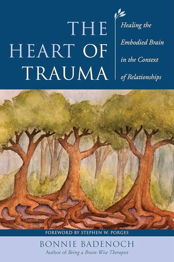 Cover for the book, “The Heart of Trauma,” written by Bonnie Badenoch. A grove of trees is featured, their roots visible and intertwined. The title is featured above them, along with the subtitle: Healing the Embodied Brain in the Context of Relationships. 