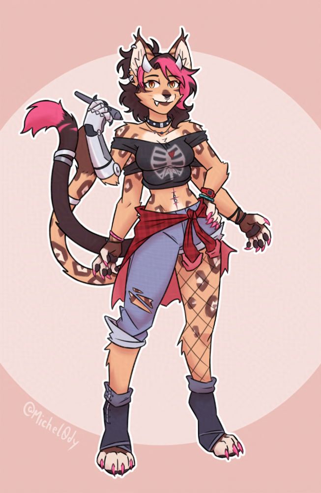 My fursona Mimi. A four-armed, two-tailed anthro feline. She looks mostly like a serval cat with jaguar spots. Her right upper arm is robotic, she has a par of small metallic horns on her head and is wearing punk/grungy clothes. She has a medium-short messy wavy black hair with pink bangs, a few piecings and metallic rings on her tails.