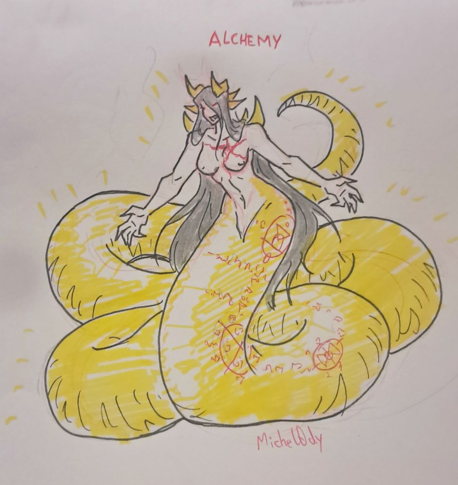 A golden lamia monster girl, with alchemic formulas scribbled all over her body