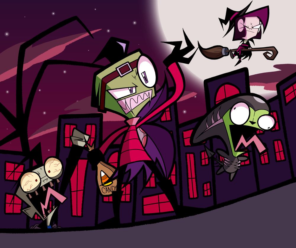 Invader Zim Halloween artwork with Vampire Zim, Xenomorph Gir, Zombie Dib and Witch Gaz