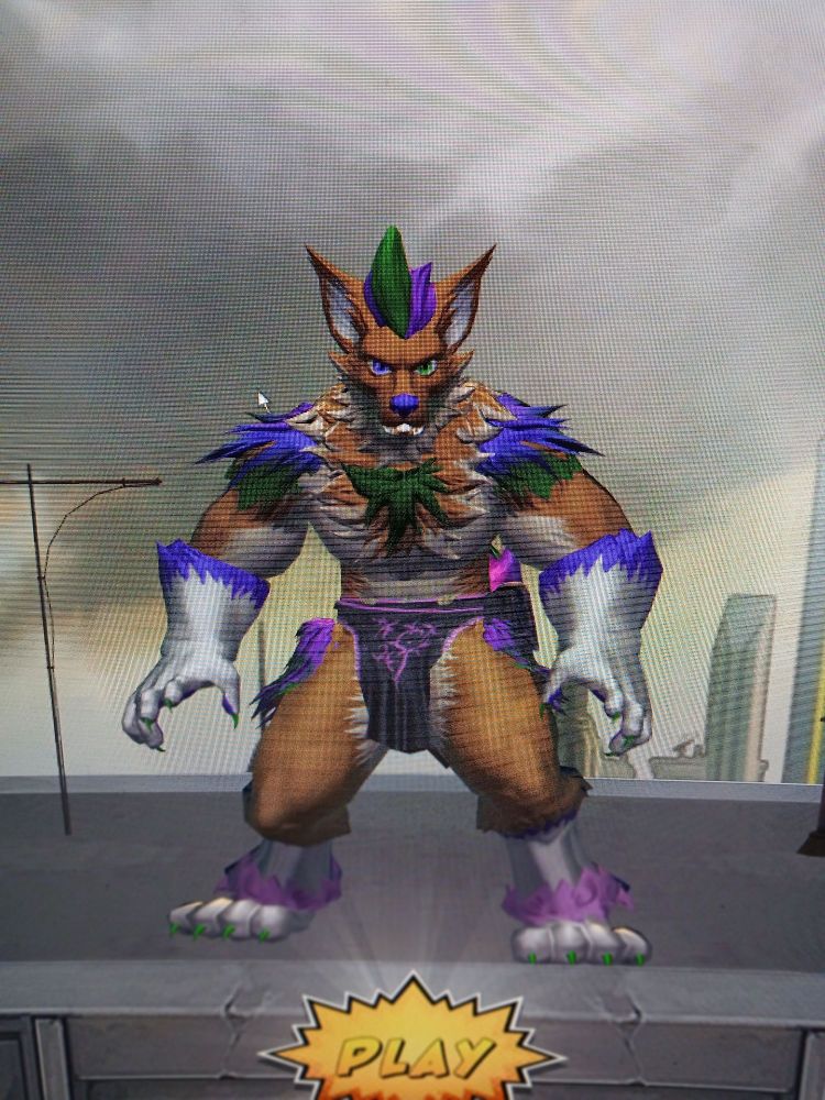 A large muscle bound anthro coyote with green and purple hair. Some pink highlights.