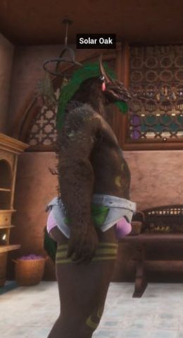 A green maned gnoll with a white leather belt and pink leather briefs. That has a glowing crystal earring  and is looking to the side of the picture.