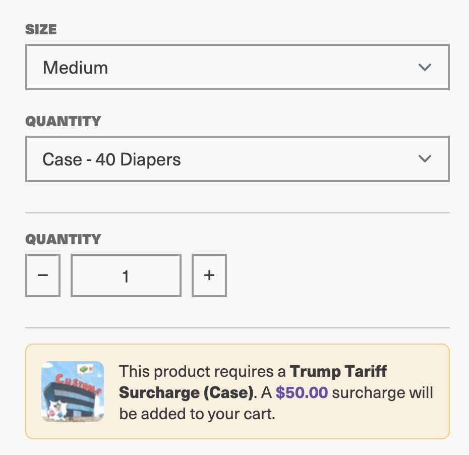 A picture of pretendagain's website. It's now asking for a $50 surcharge to cover the trump tariffs.