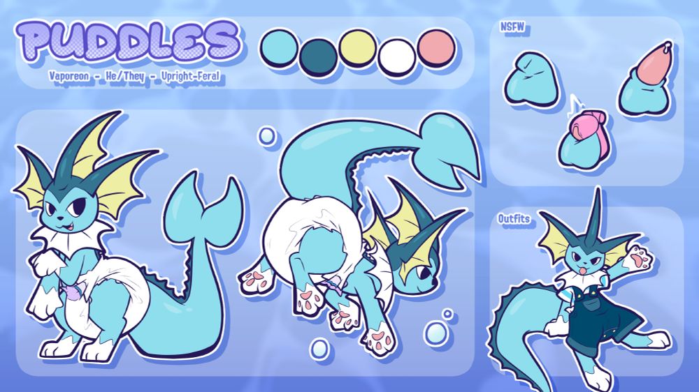 Not safe for work ref of the same Vaporeon. They're now wearing a diaper in the main depiction, and the "likes" section is replaced with the "NSFW" section featuring depictions of his sheath and balls (one depiction shows a chastity cage being worn). Outfit section now has him in a tshort and shortalls with a suspicious bulge down the middle.