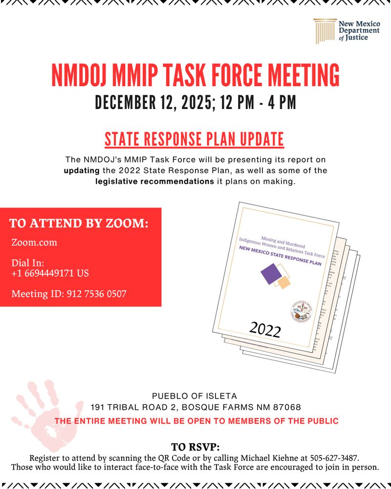 Graphic for the NMDOJ MMIP Task Force Meeting on December 12, 2025, from 12–4 PM. It announces an update to the 2022 State Response Plan and provides Zoom access details (dial-in number and meeting ID). A graphic of the 2022 State Response Plan document appears on the right.