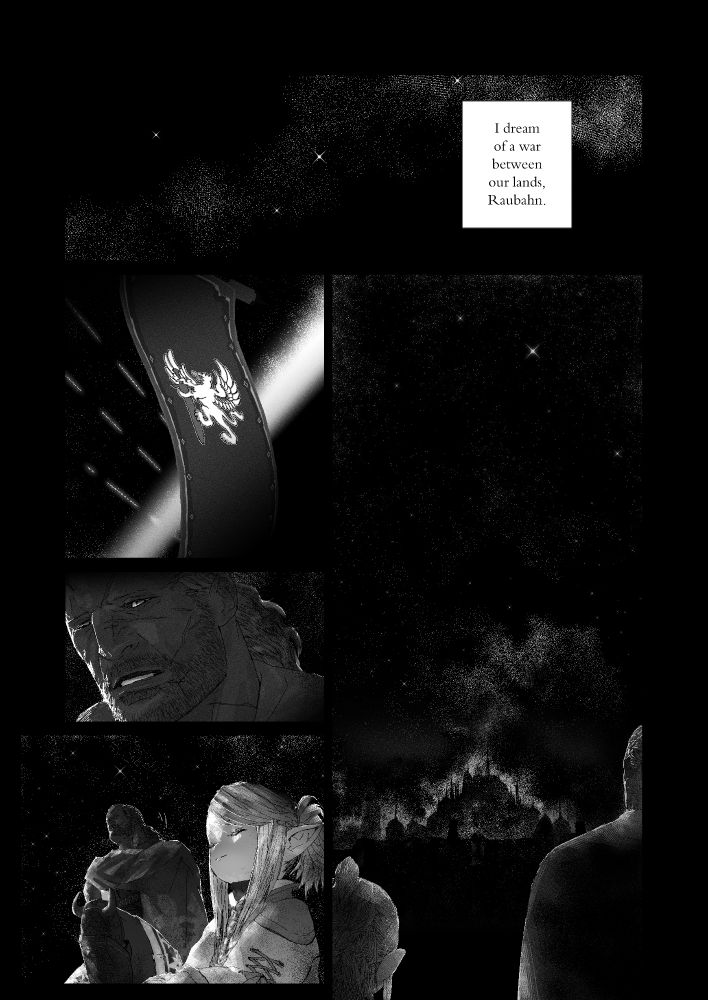 A starry night sky.
[I dream of a war between our lands, Raubahn.]

A banner of Ala Mhigo, flapping, against a background of gunfire and a beam of light.

Raubahn looks at Nanamo, a concerned look on his face.

Seated on one knee, Raubahn turns to look at the source of the light. Sitting next to him, Nanamo smiles faintly, eyes closed.

Nanamo and Raubahn are witnessing Ul'dah on fire.