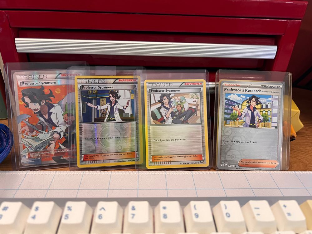 Four Professor Sycamore Trainer Pokemon Trading Cards.